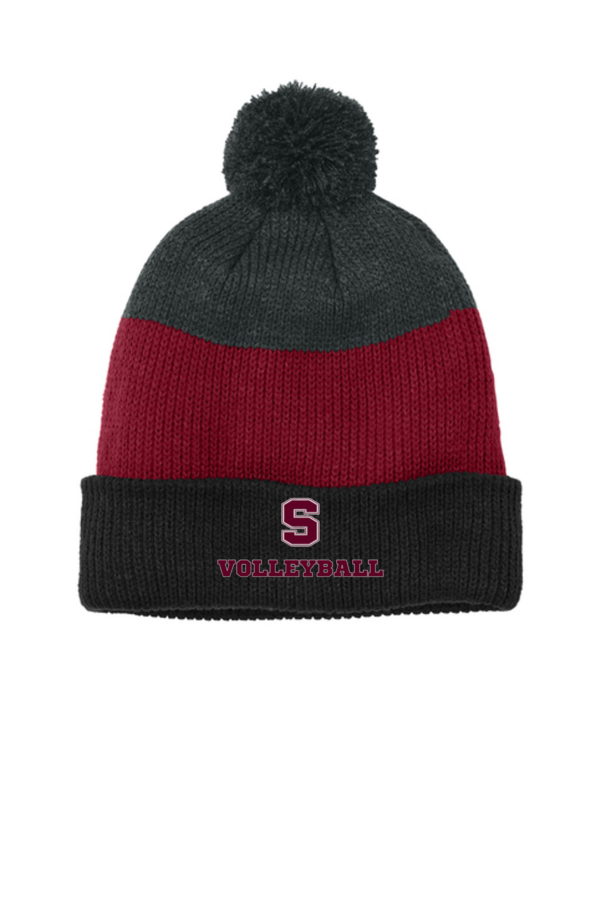 Stillwater Volleyball - C979 Striped Pom Beanie - Deep Black/ Rich Red/ Charcoal Heather
